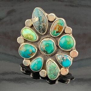 Big Turquoise Sterling Silver Cluster Ring Native American Navajo Chad Teller